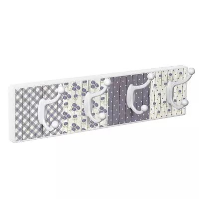 Porte manteaux en bois blanc et fond patchwork lilas avec 4 crochets doubles blanc mat chez 1001 Patères