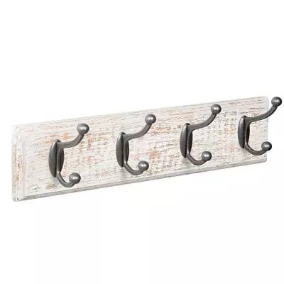 Patère vintage en bois blanc à 4 crochets argentés, 1001 Patères