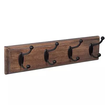 Porte manteaux en teck marron avec 4 crochets doubles en métal noir chez 1001 Patères