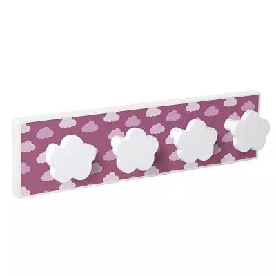 Patère bois blanc 4 nuages blancs sur fond de nuages roses, 1001 Patères