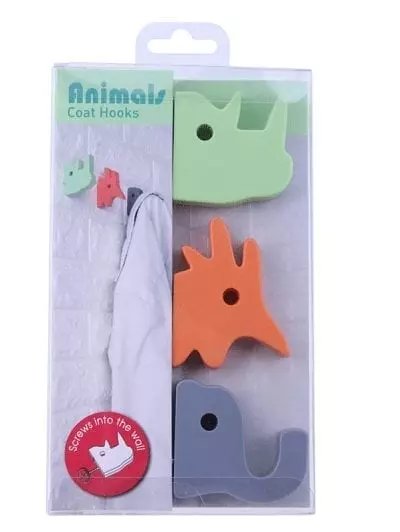 Set de trois patères animaux colorés: rhinocéros, coq et éléphant chez 1001 Patères